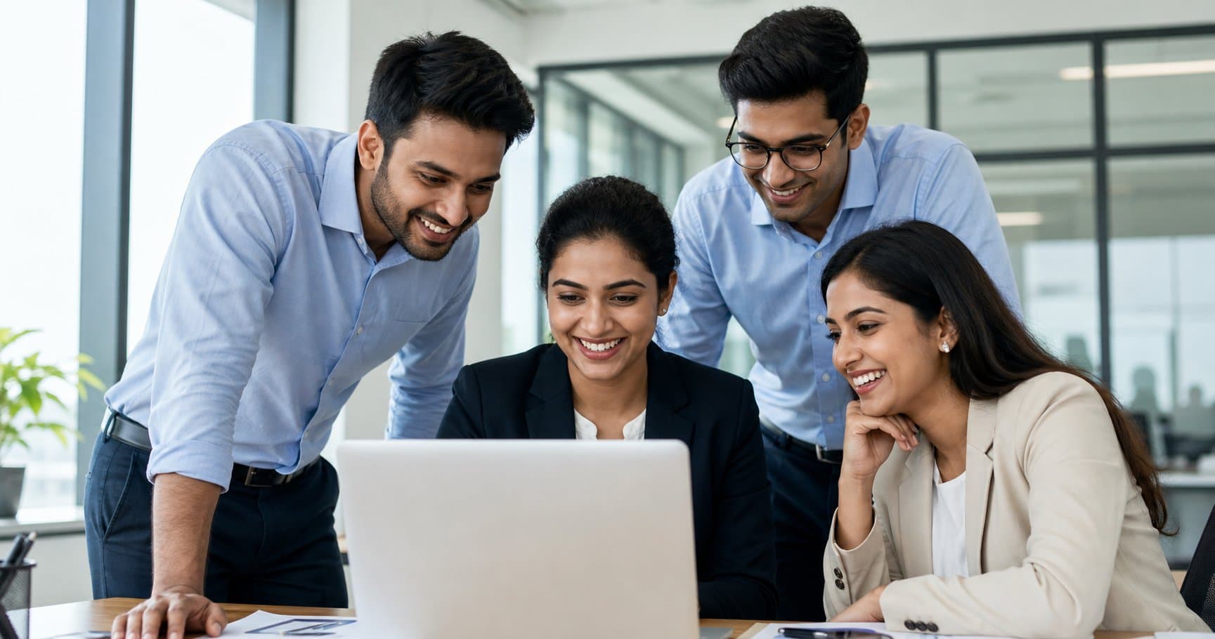 Four smiling Indian finance professionals collaborating around a laptop